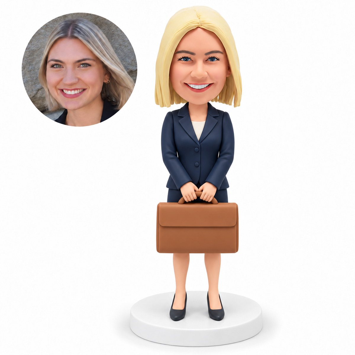 custom bobblehead figure female lawyer in a business skirt suit holding a briefcase with both hands