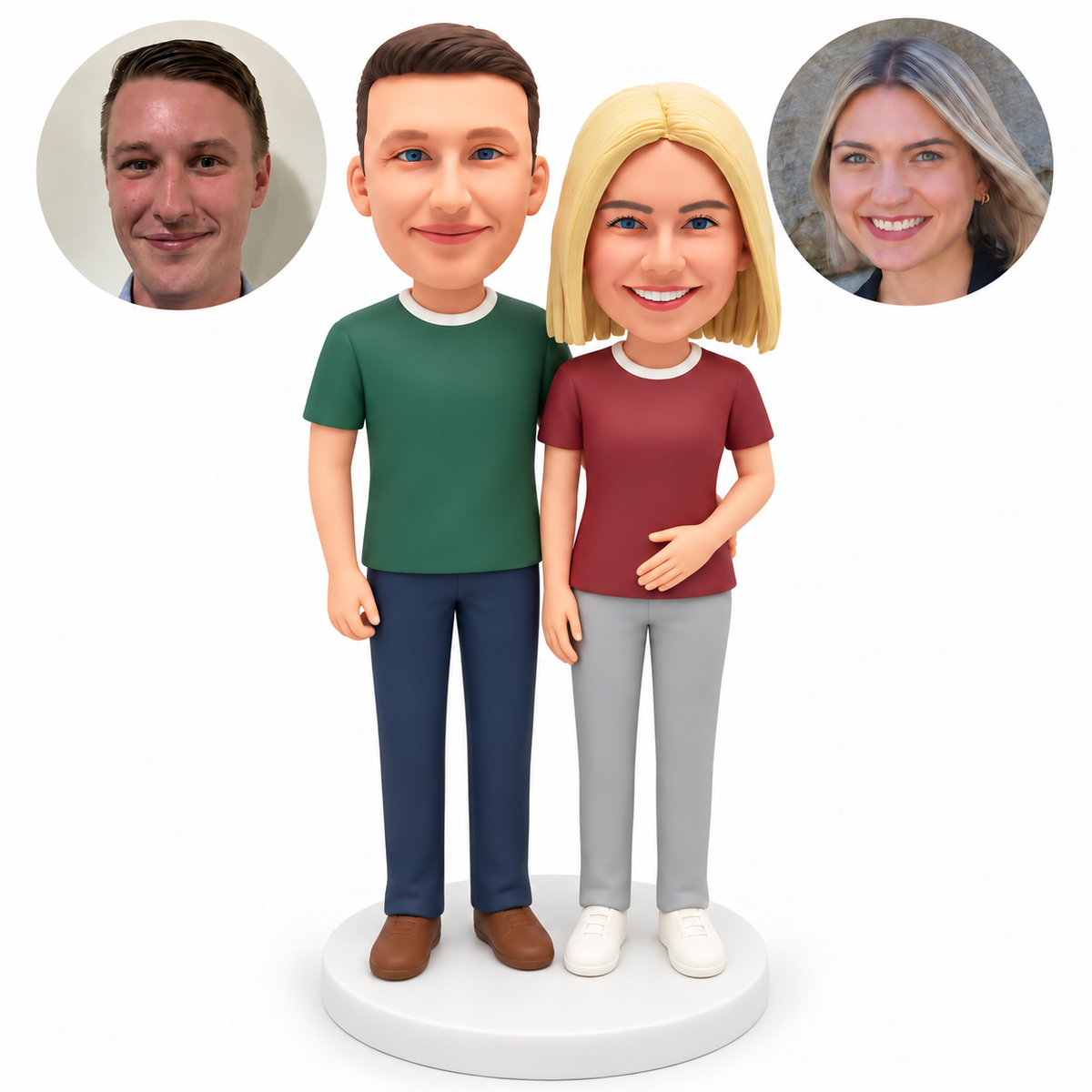 custom bobblehead figures casual couple in T-shirts with the woman resting one hand on her abdomen