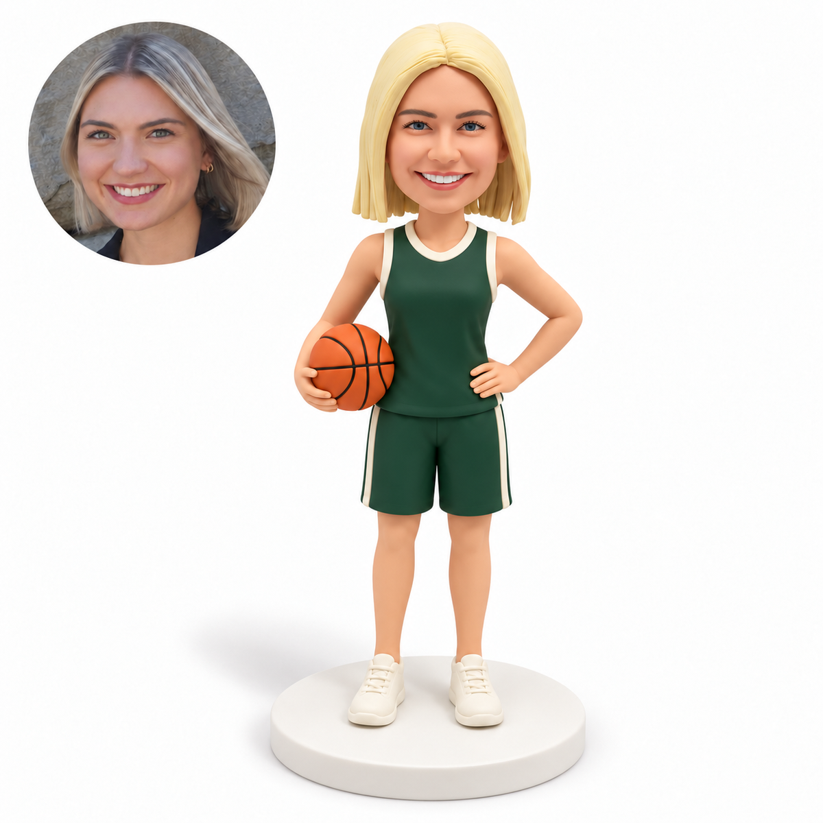 custom bobblehead figure female basketball player holding one ball with her other hand on her hip