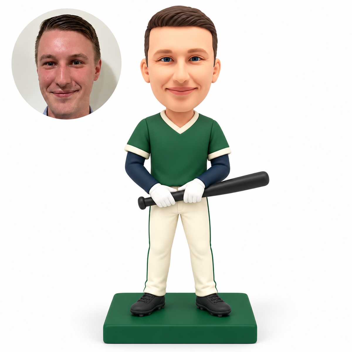 custom bobblehead figure baseball player holding a bat across his waist with both hands