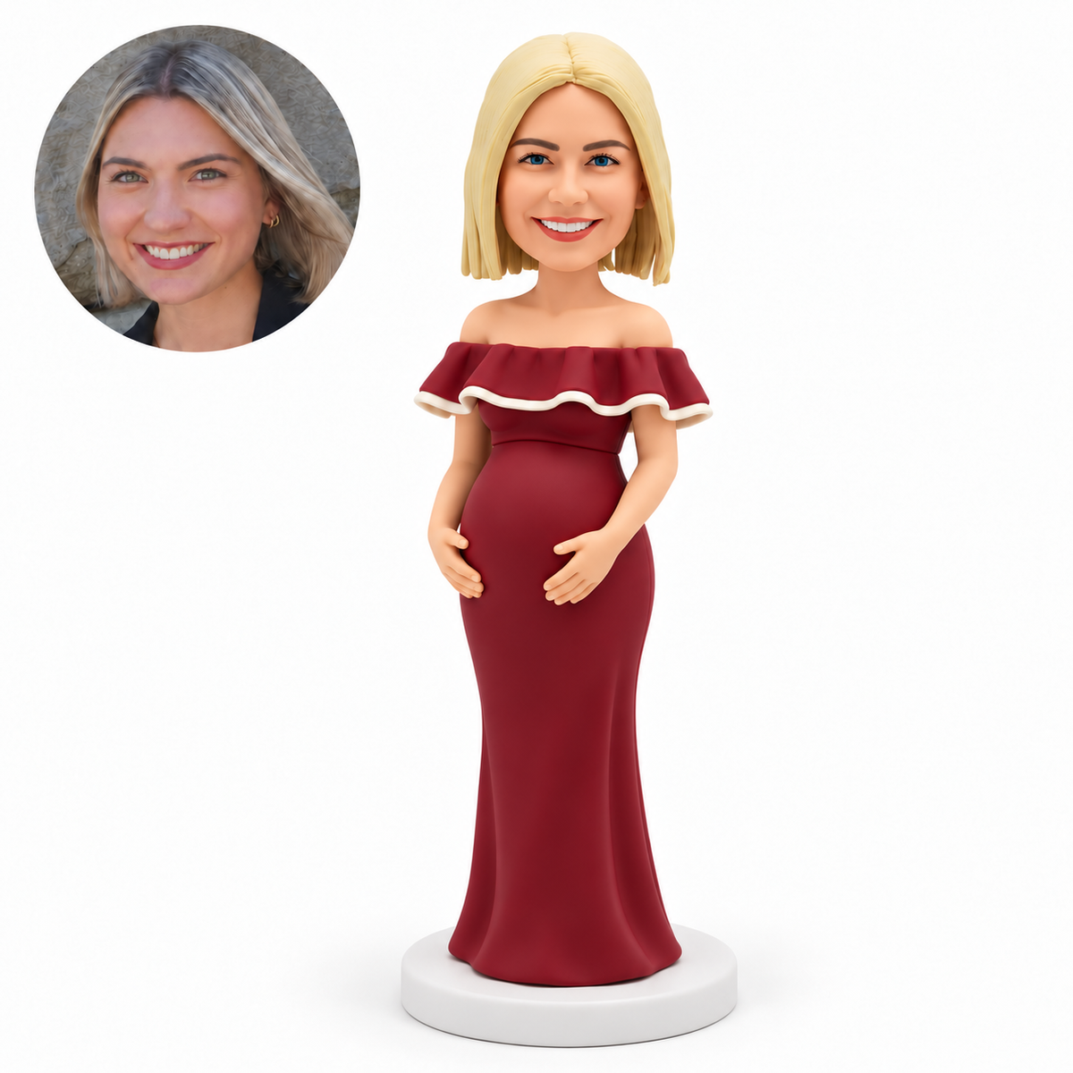 custom bobblehead figure pregnant woman in an off-shoulder floor-length dress cradling her belly