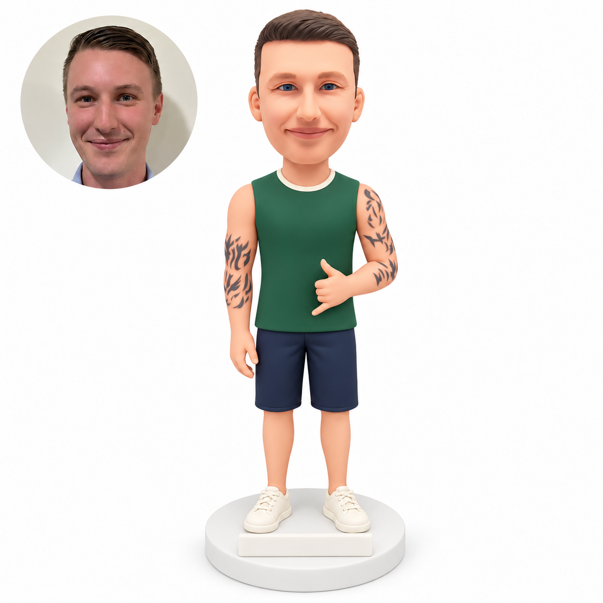 custom bobblehead figure man in a sleeveless top and shorts making a shaka sign at his waist