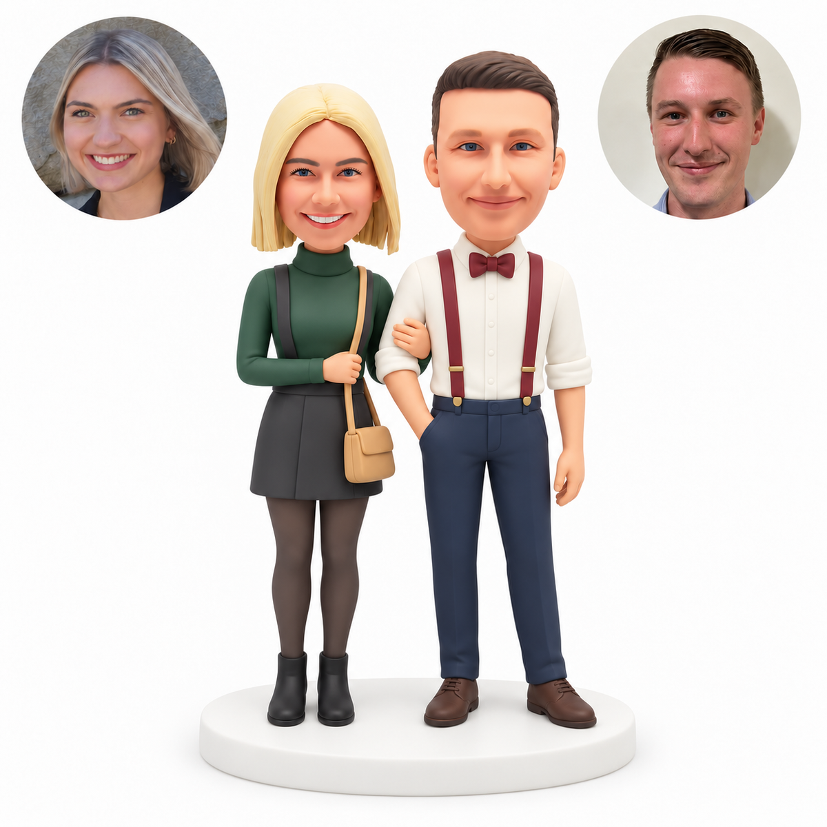 custom bobblehead figures couple with a woman holding a shoulder bag strap beside a man in suspenders
