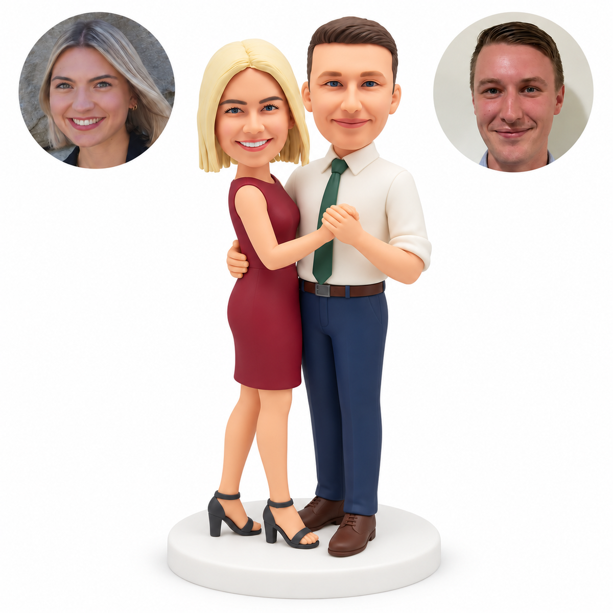 custom bobblehead figures waltzing couple with a woman in a knee-length dress