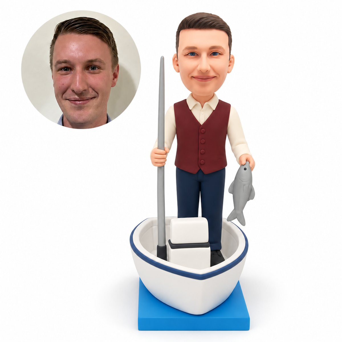 custom bobblehead figure man in a waistcoat holding a fishing rod and fish inside a small boat