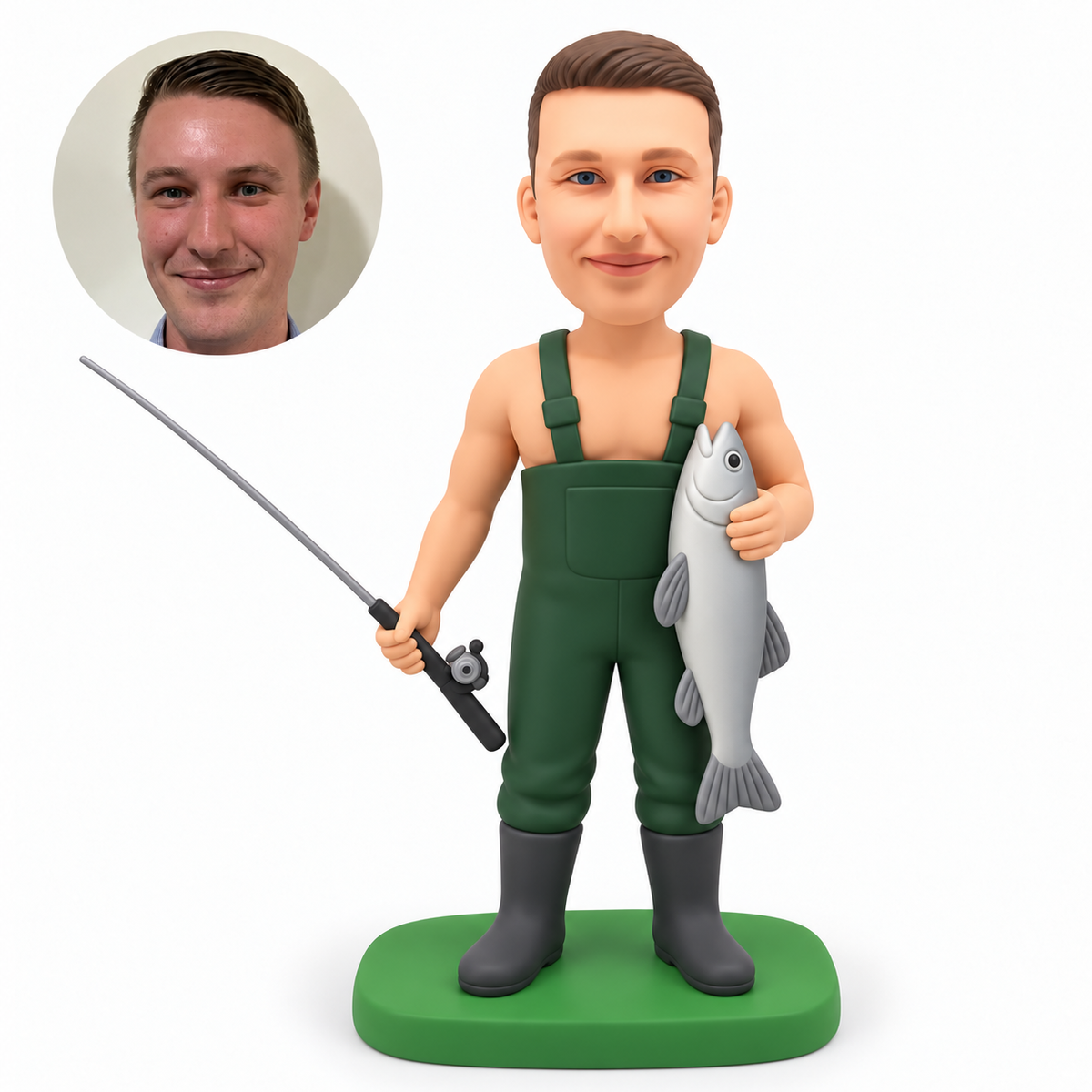 custom bobblehead figure male fisherman in bib waders holding a rod low and a fish upright