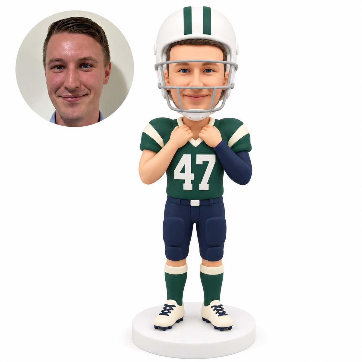 custom bobblehead figure male football player holding both sides of his jersey collar