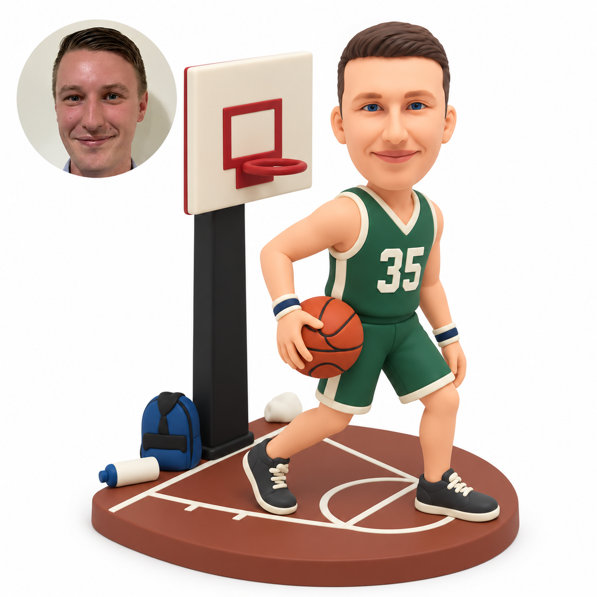custom bobblehead figure male basketball player holding a ball low beside a hoop on a half-court base