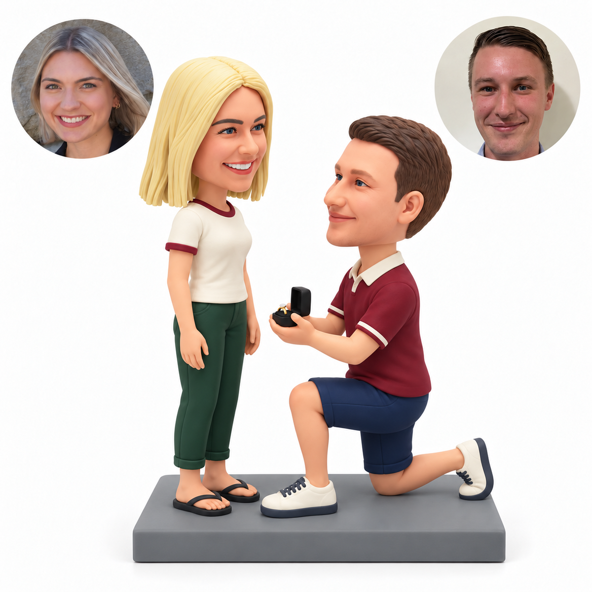 custom bobblehead figures casual proposal couple with a kneeling man holding a ring box in both hands