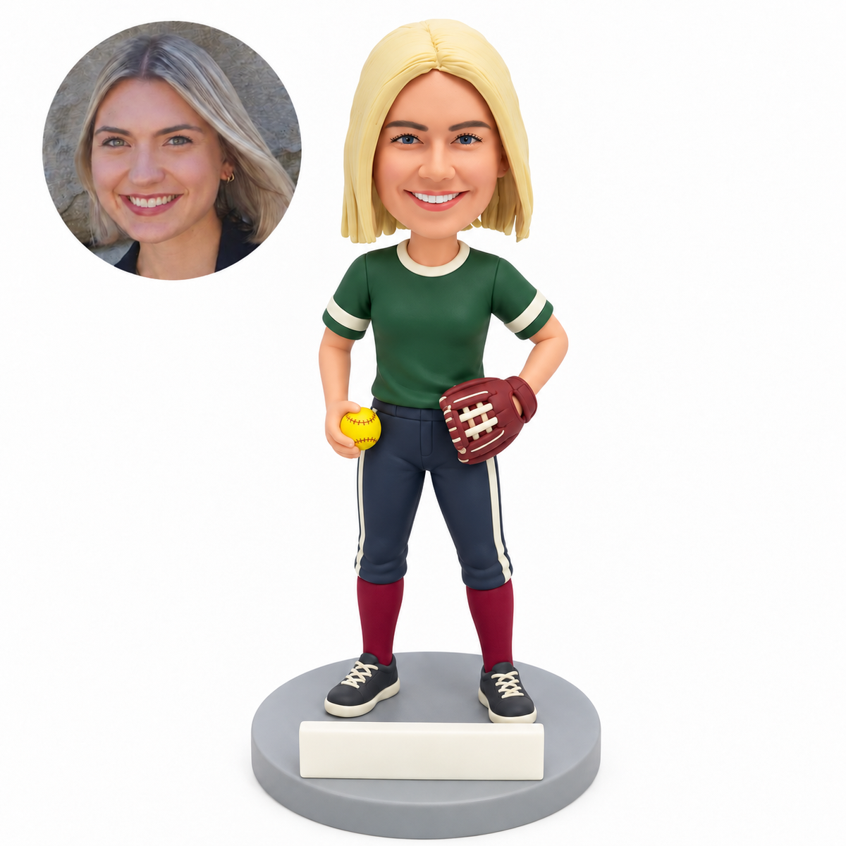 custom bobblehead figure female softball player standing with a low ball and a glove at her waist