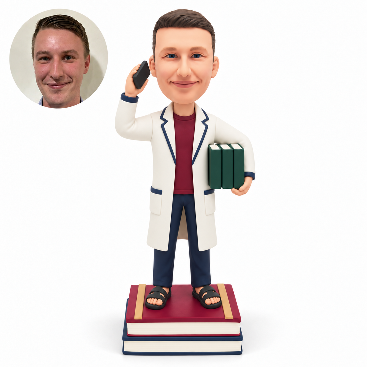 custom bobblehead figure male scientist holding a raised phone and three binders on a two-book base