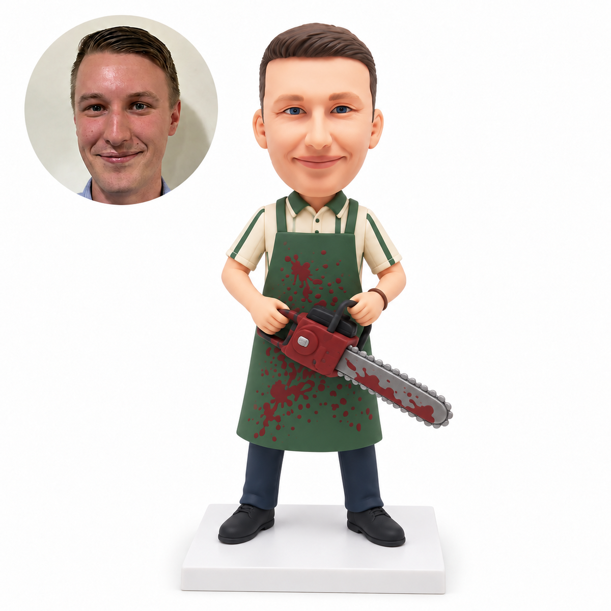 custom bobblehead figure male Halloween character in a splattered apron holding a chainsaw