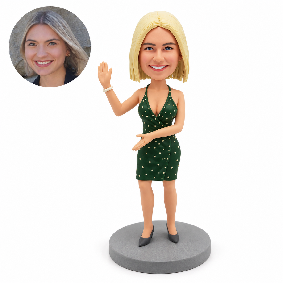 custom bobblehead figure casual woman in a halter dress waving with her other hand across her waist