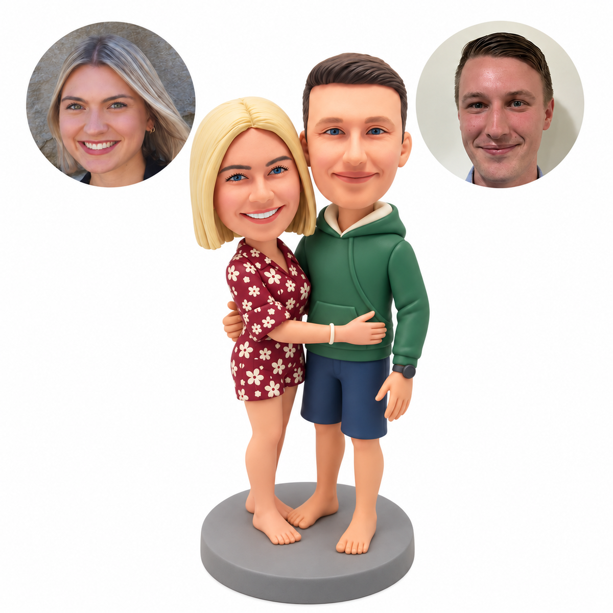 custom bobblehead figures casual couple embracing with a man in a hoodie and shorts