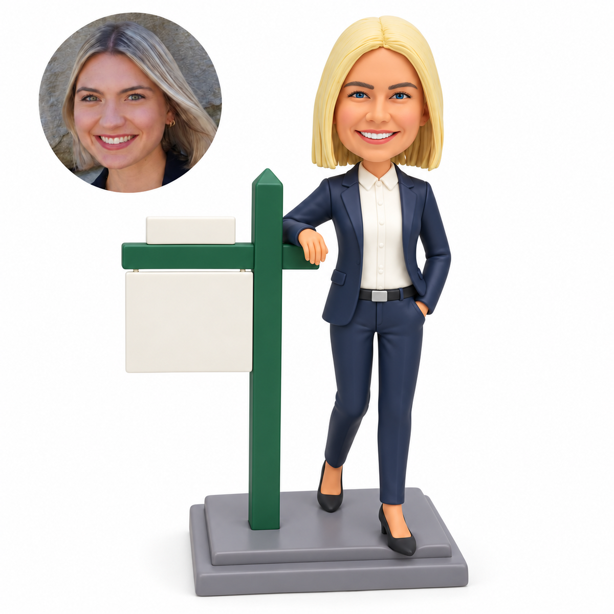 custom bobblehead figure businesswoman in a trouser suit leaning on a real estate sign with one hand in her pocket