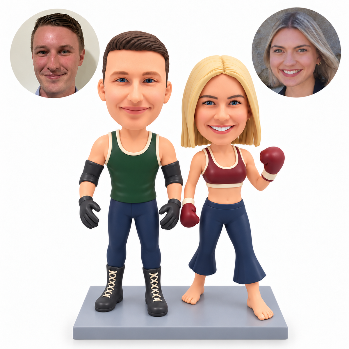 custom bobblehead figures athletic boxing couple standing with one woman's glove raised