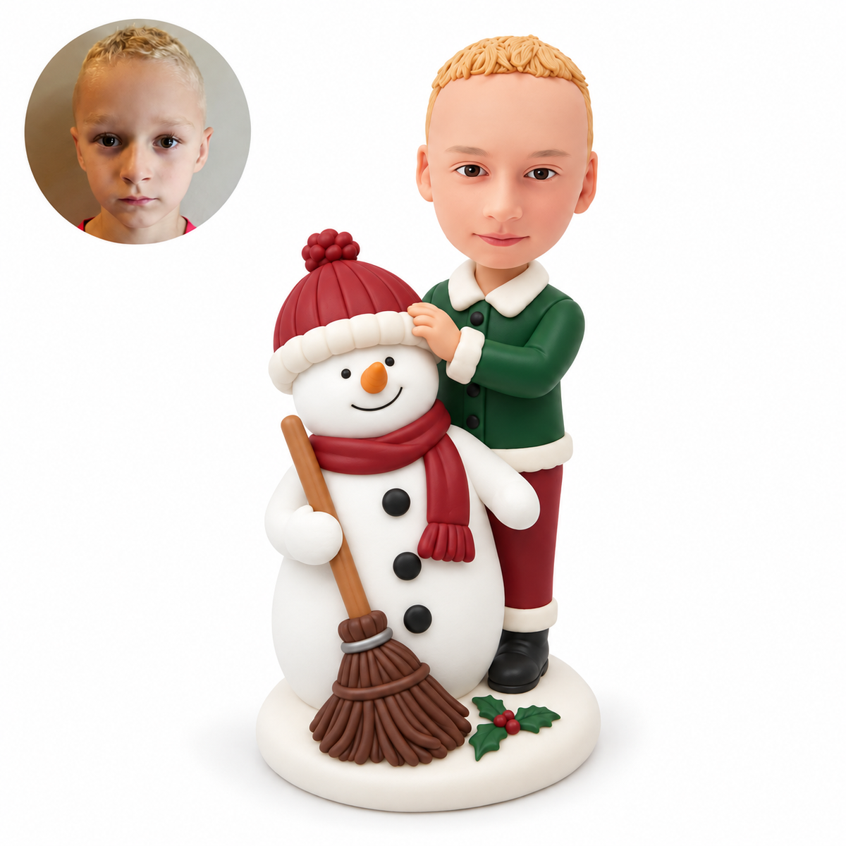 custom bobblehead figure Christmas boy standing behind a snowman with a broom and resting one hand on its hat