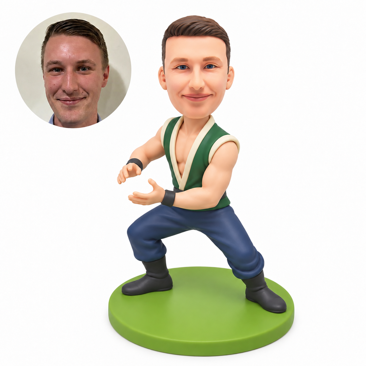 custom bobblehead figure male martial artist in a low horse stance with two opposing open palms
