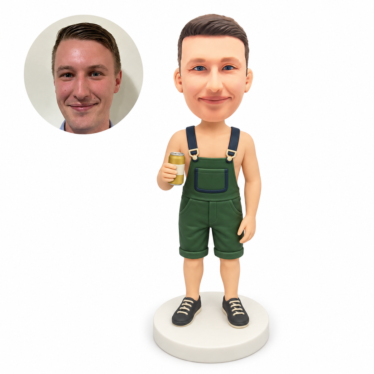 custom bobblehead figure man in short bib overalls holding a drink can with his other arm down