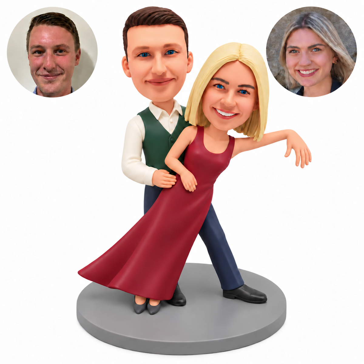 custom bobblehead figures dancing couple with the woman leaning sideways and extending one arm