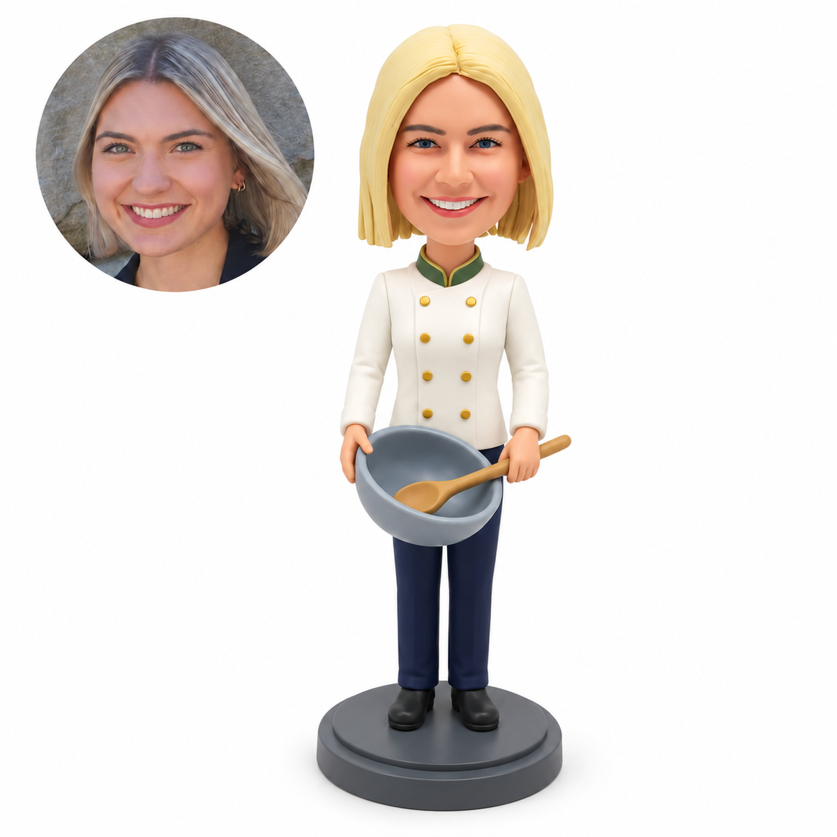 custom bobblehead figure female cook in a chef jacket holding a tilted bowl and wooden spoon low in front