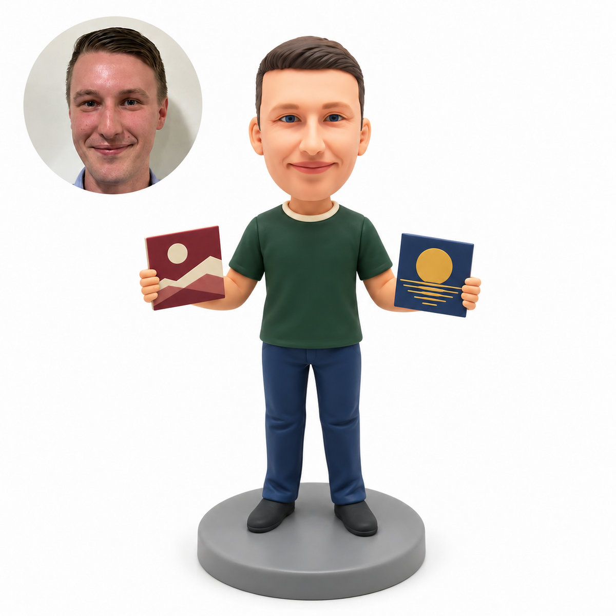 custom bobblehead figure man in a T shirt displaying a square record sleeve in each hand