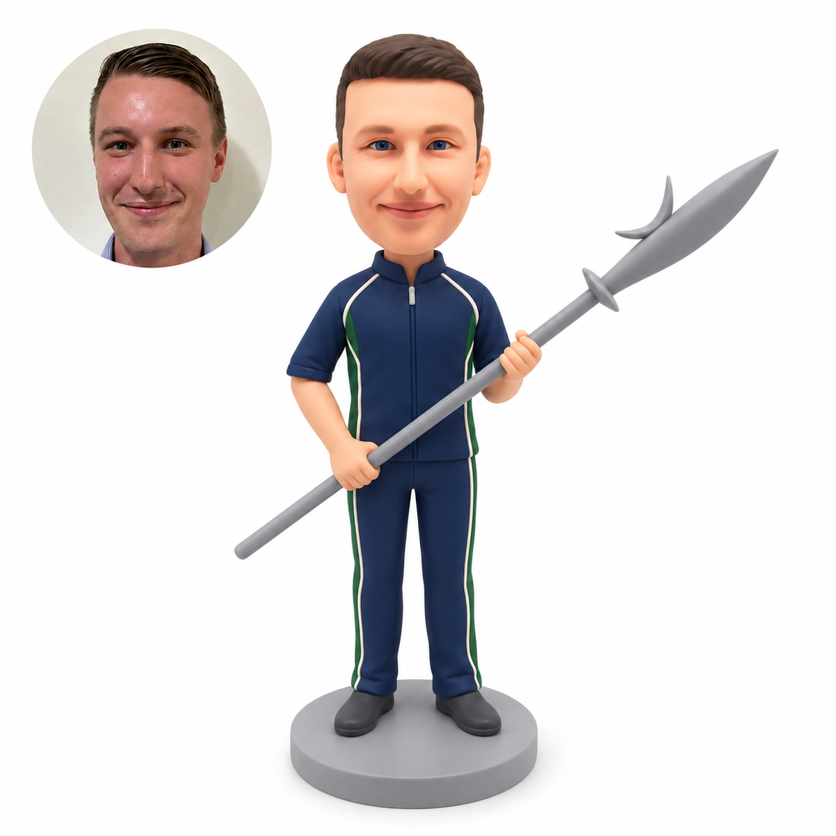 custom bobblehead figure male martial artist holding a long polearm diagonally with both hands