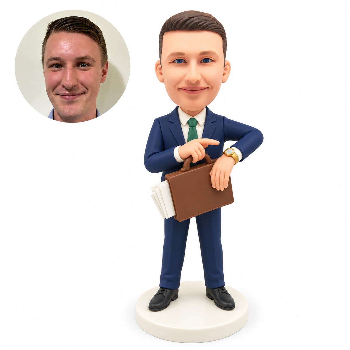 custom bobblehead figure businessman pointing at his wristwatch while holding a briefcase in front
