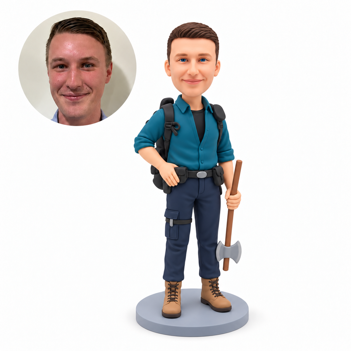 custom bobblehead figure male hiker wearing a backpack and holding a lowered axe
