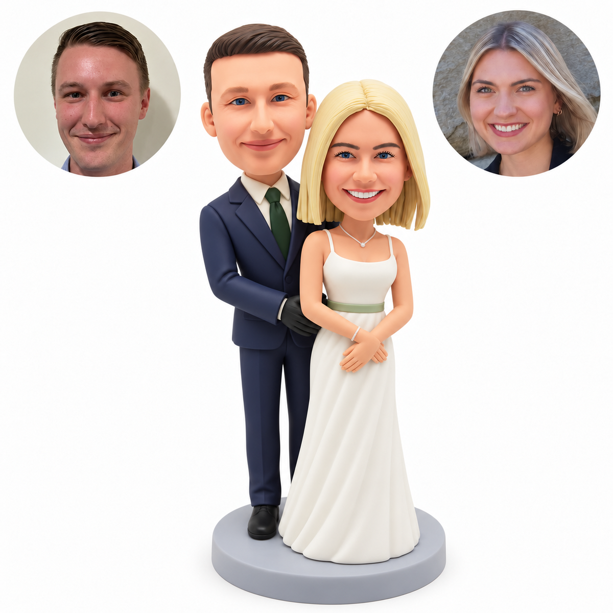 custom bobblehead figures groom embracing bride from behind as she rests her hands in front