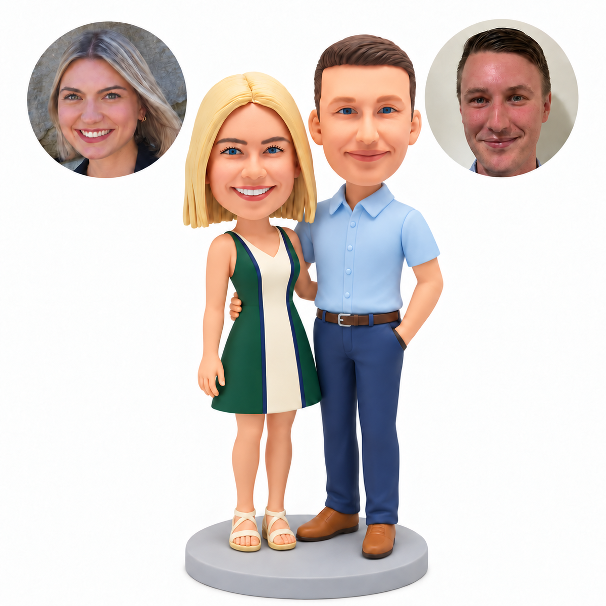custom bobblehead figures casual couple with woman in a sleeveless dress and man in a short sleeve shirt with one hand in his pocket
