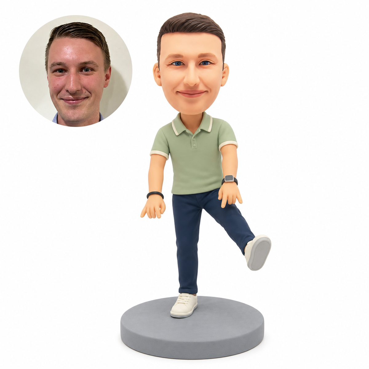 custom bobblehead figure man balancing with one leg lifted forward and both hands lowered