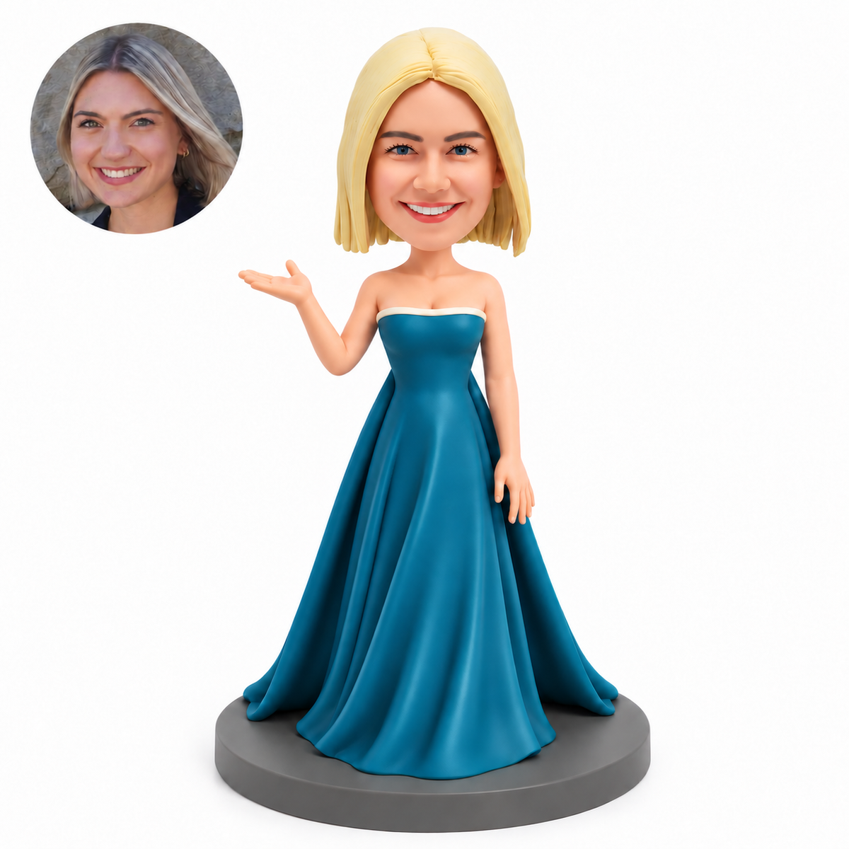 custom bobblehead figure woman in a strapless floor length gown presenting one open palm