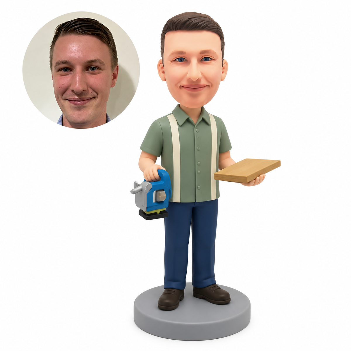 custom bobblehead figure male woodworker holding a power tool and a wooden board