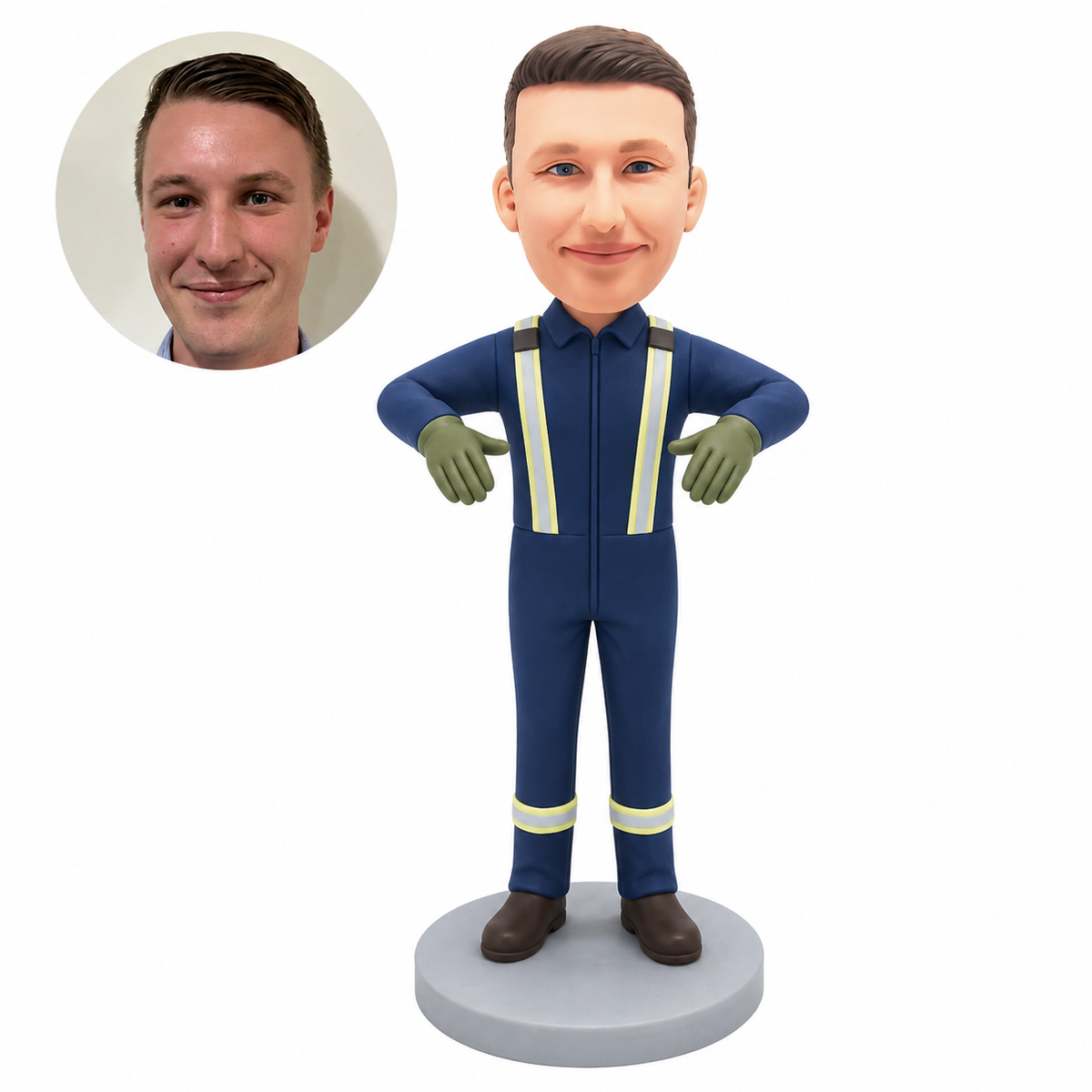 custom bobblehead figure male construction worker with both elbows out and gloved hands pointing down