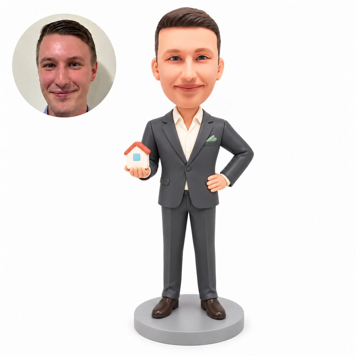 custom bobblehead figure male real estate businessman holding a small house with one hand on his hip