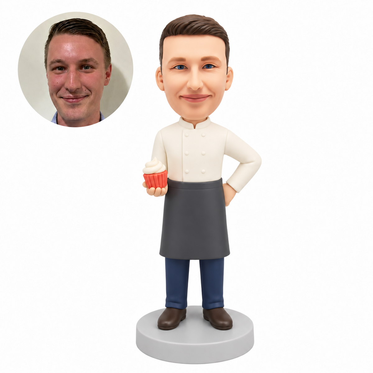 custom bobblehead figure male pastry cook holding a cupcake with his other hand on his hip