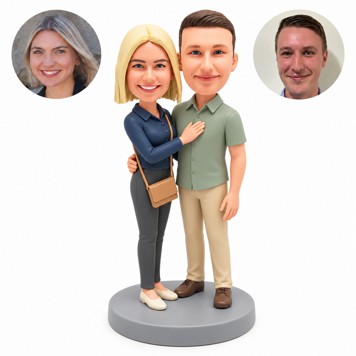 custom bobblehead figures casual couple with her hand on his chest and his outer hand lowered