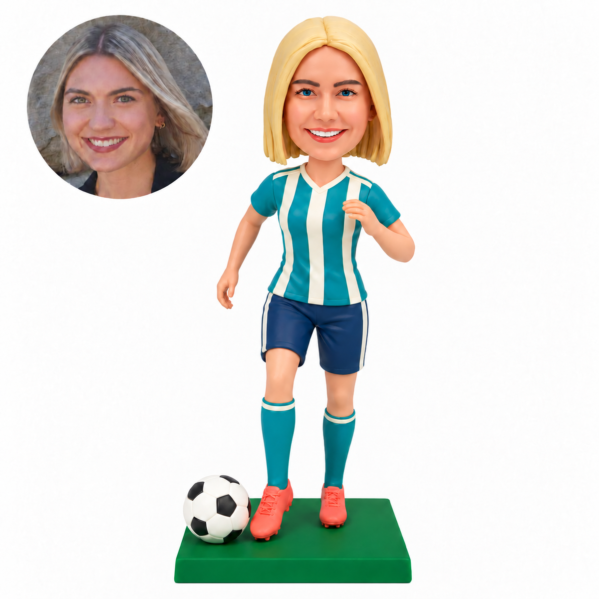 custom bobblehead figure female soccer player stepping forward with one arm bent up and a ball beside her foot