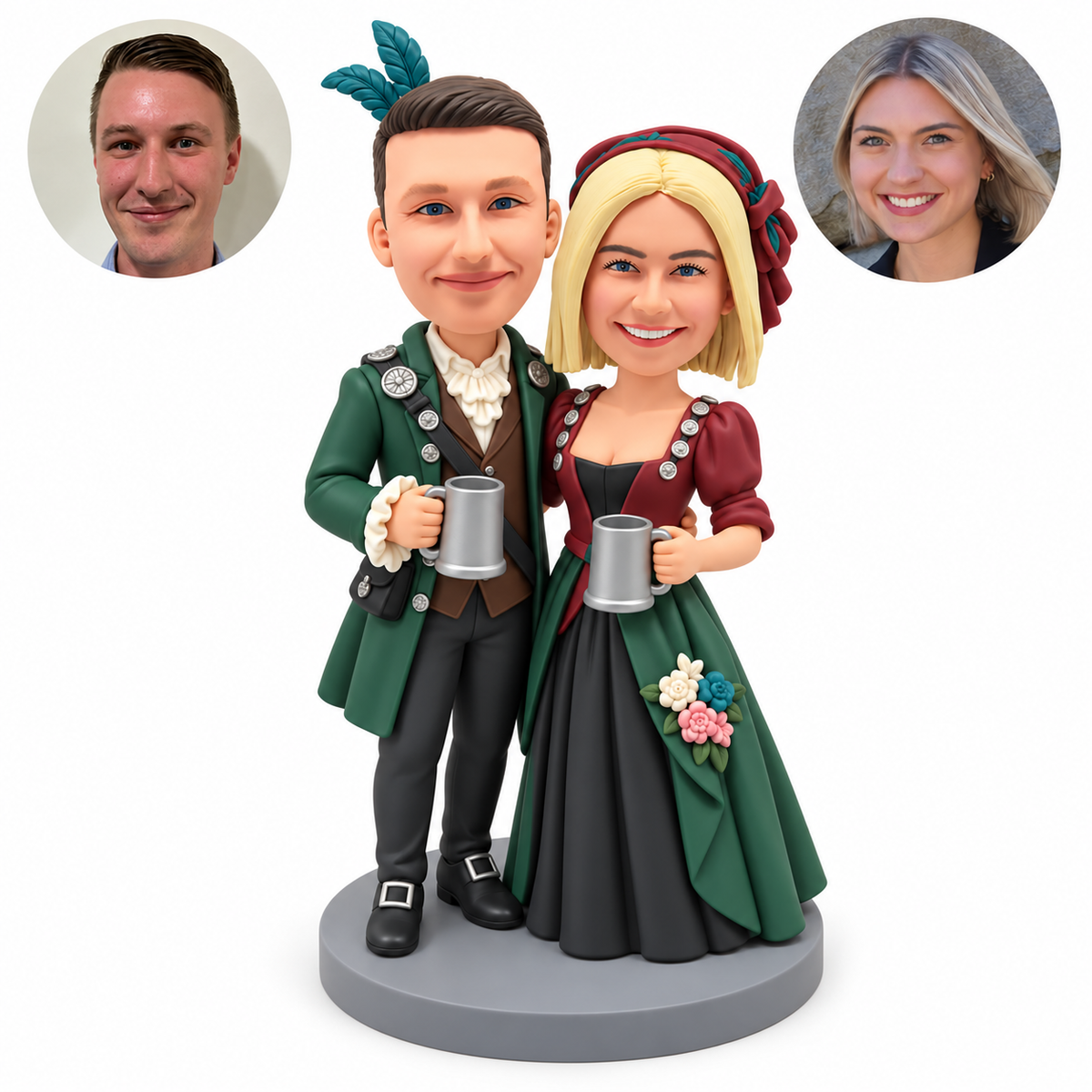 custom bobblehead figures couple in historical party costumes each holding a pewter tankard