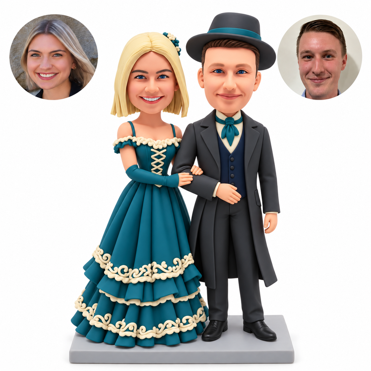 custom bobblehead figures couple in historical evening clothes with the woman holding his bent arm with both hands
