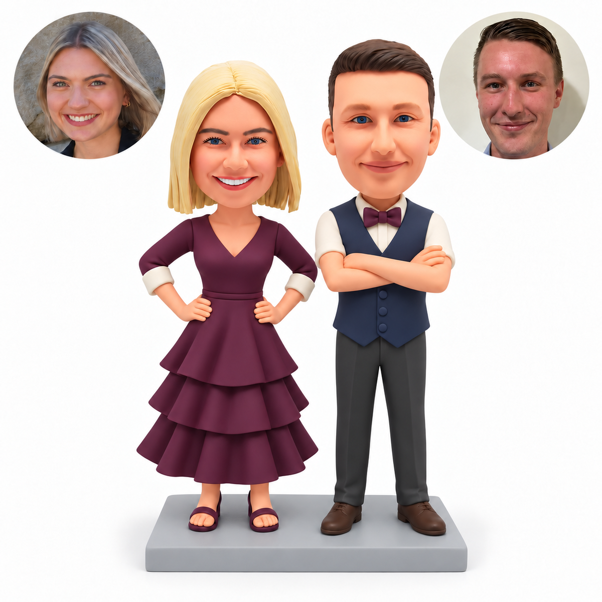 custom bobblehead figures formal couple with the woman holding both hips and the man crossing his arms