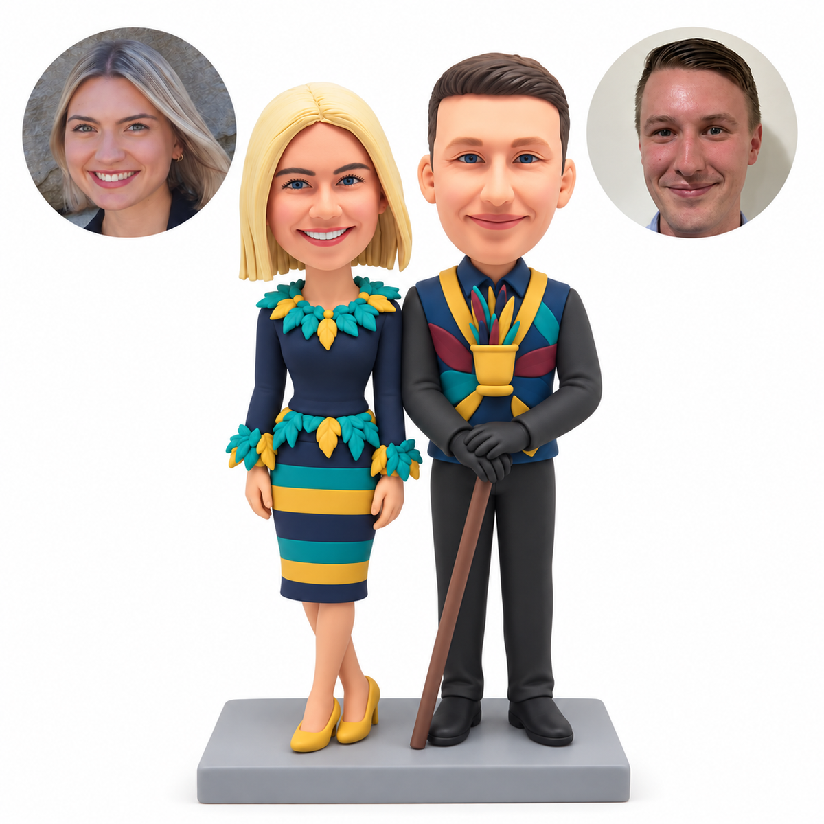 custom bobblehead figures costume couple with the man holding one grounded walking cane with both hands