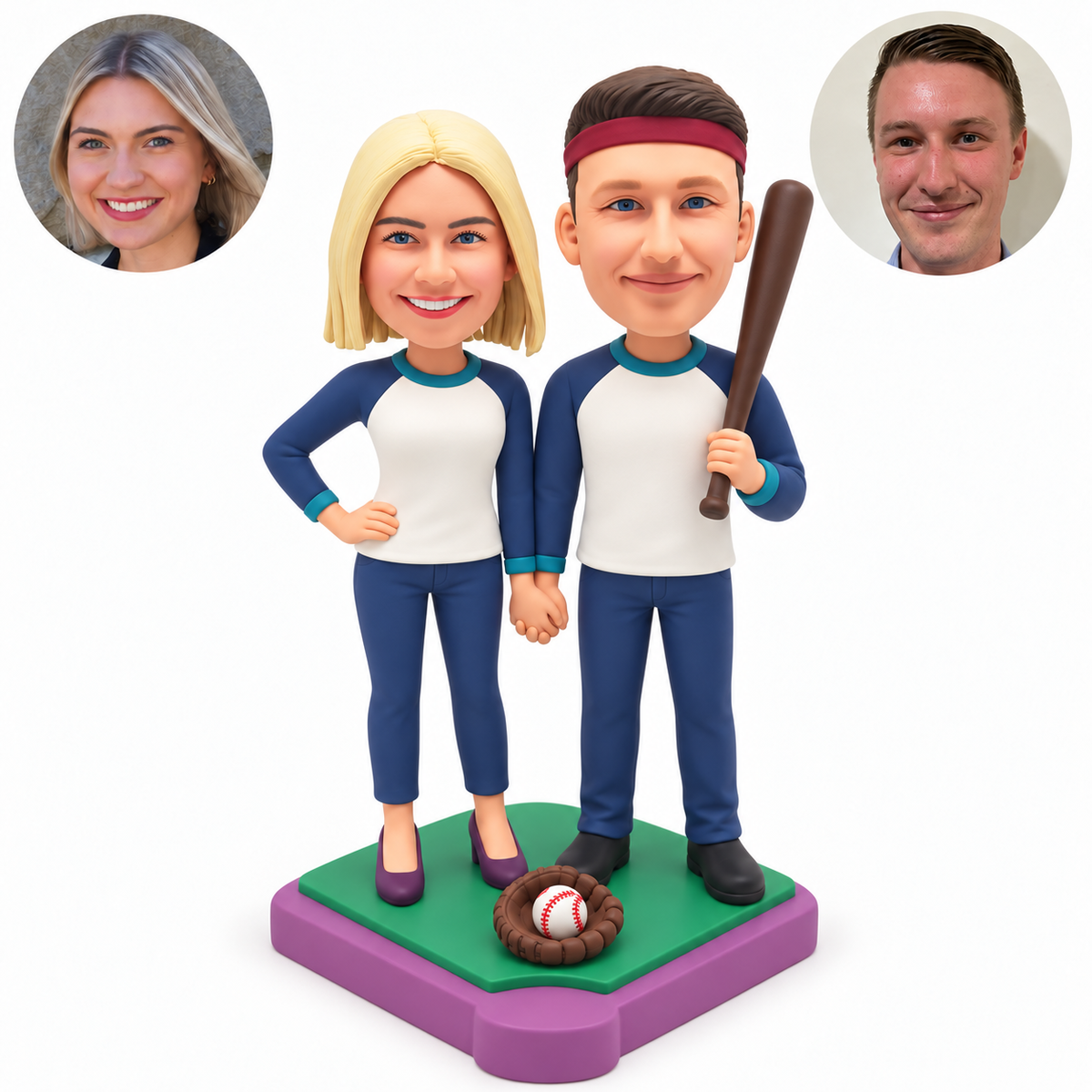 custom bobblehead figures baseball couple holding hands with her hand on her hip and his raised bat