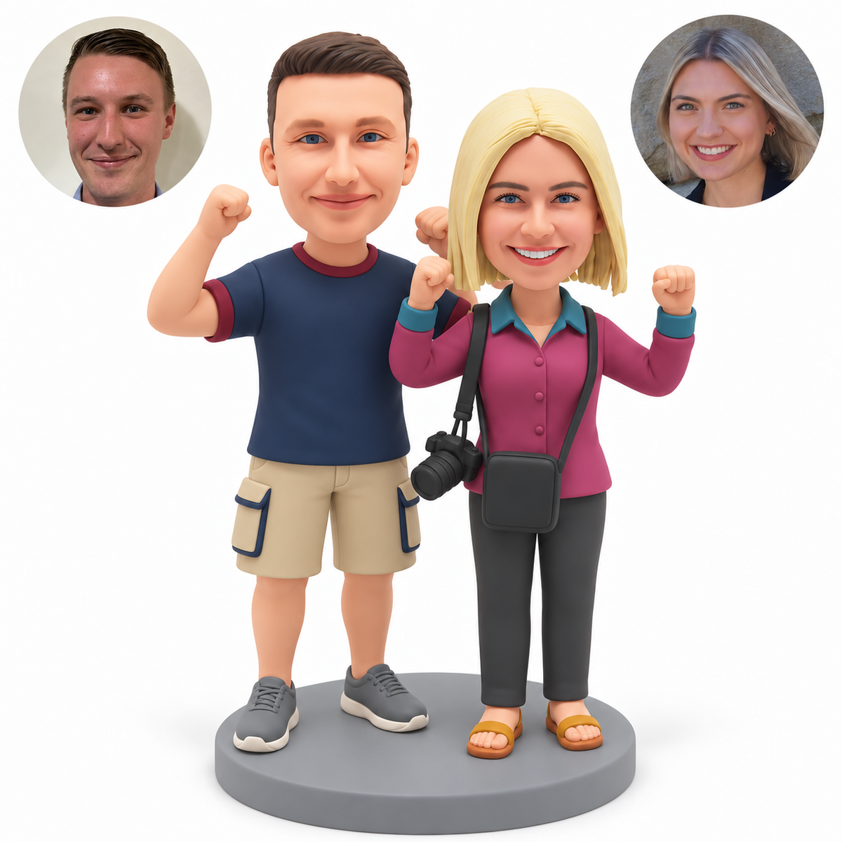 custom bobblehead figures photographer couple flexing both raised arms with a hanging camera and shoulder bag