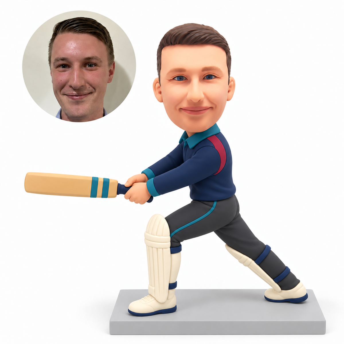 custom bobblehead figure male cricket batter lunging with a horizontal bat held low in both hands