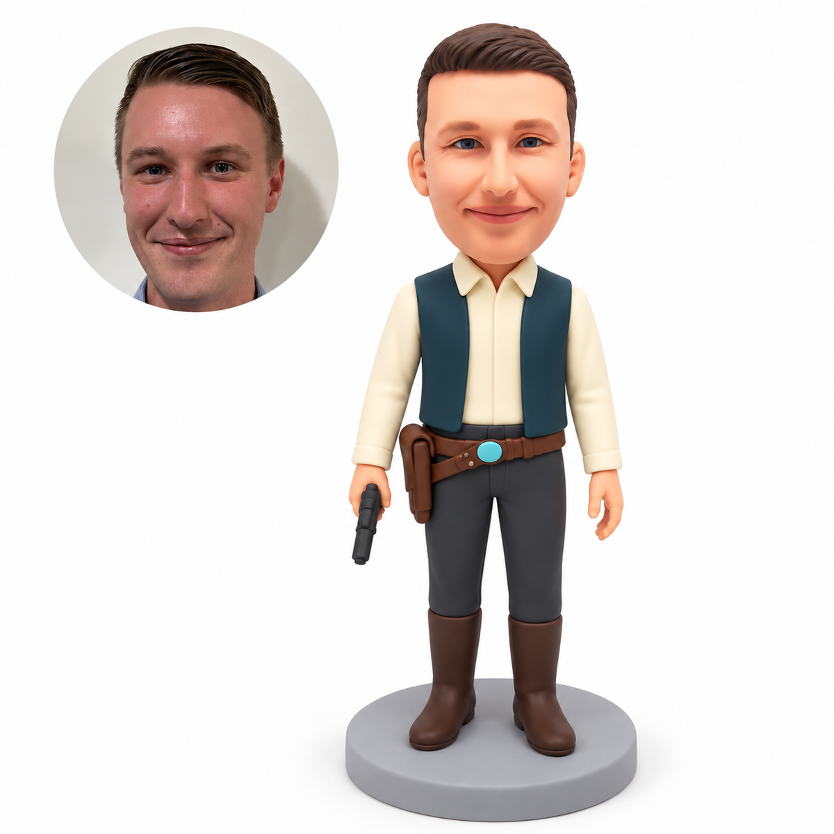 custom bobblehead figure male western sheriff holding one lowered prop pistol with his other arm down