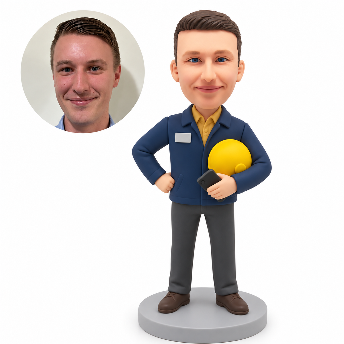 custom bobblehead figure male engineer cradling a hard hat and holding a phone with his other hand on his hip