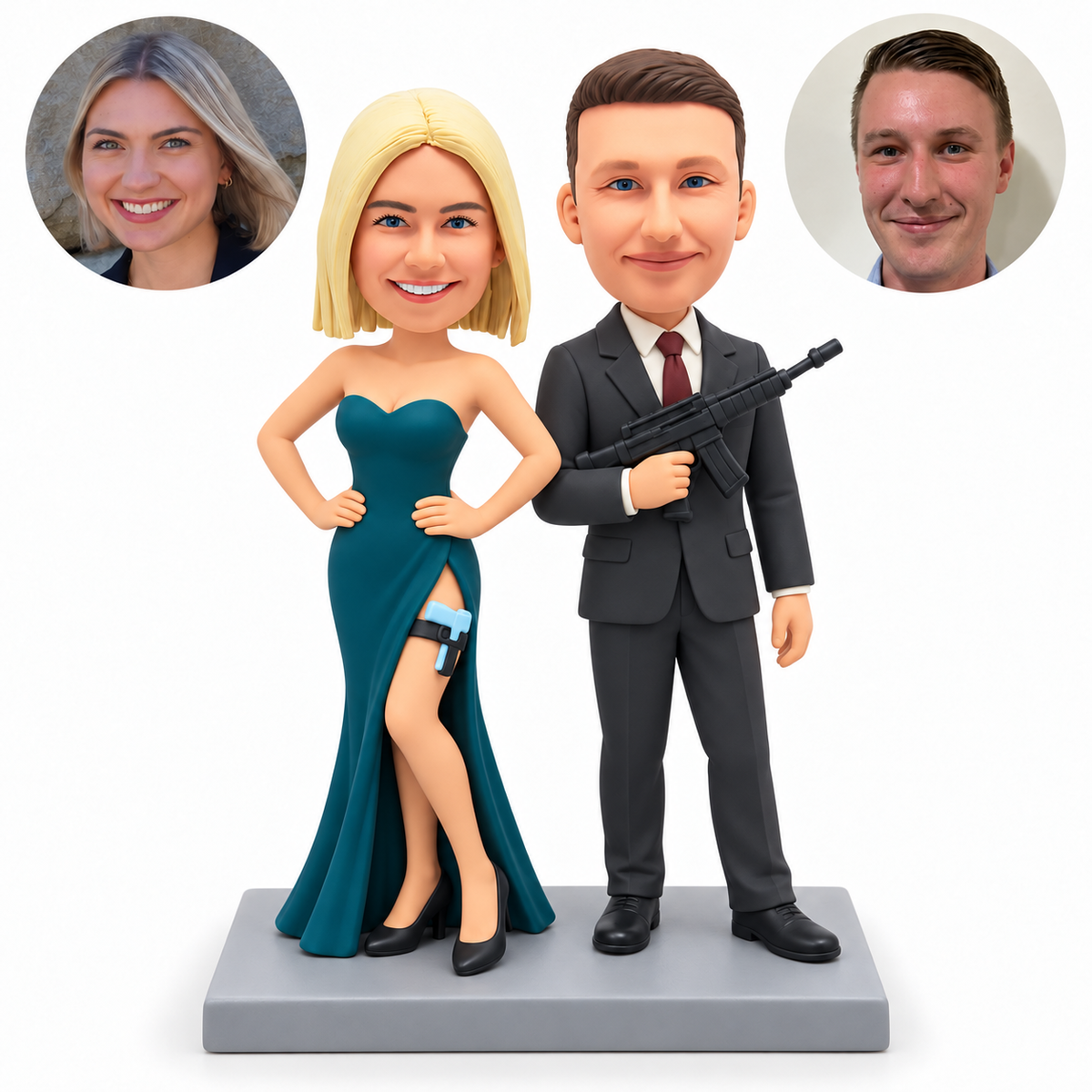 custom bobblehead figures police agent couple with a man holding a miniature prop rifle and a woman with both hands on her hips