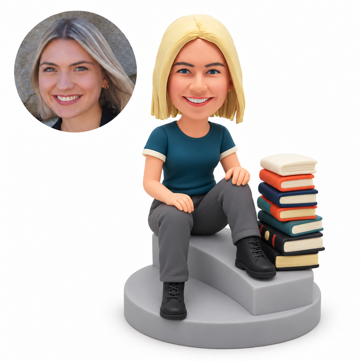 custom bobblehead figure female student seated on steps beside a stack of books